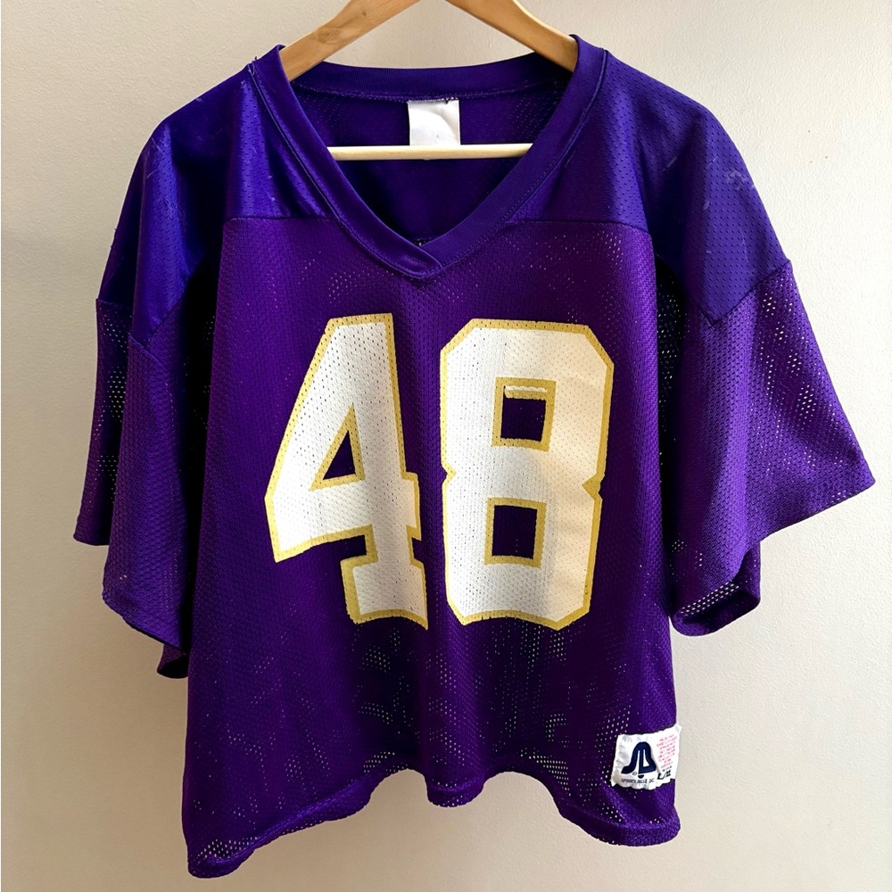 Sports Belle VTG 90s purple No. 48 mesh football jersey L/XL Made in USA
